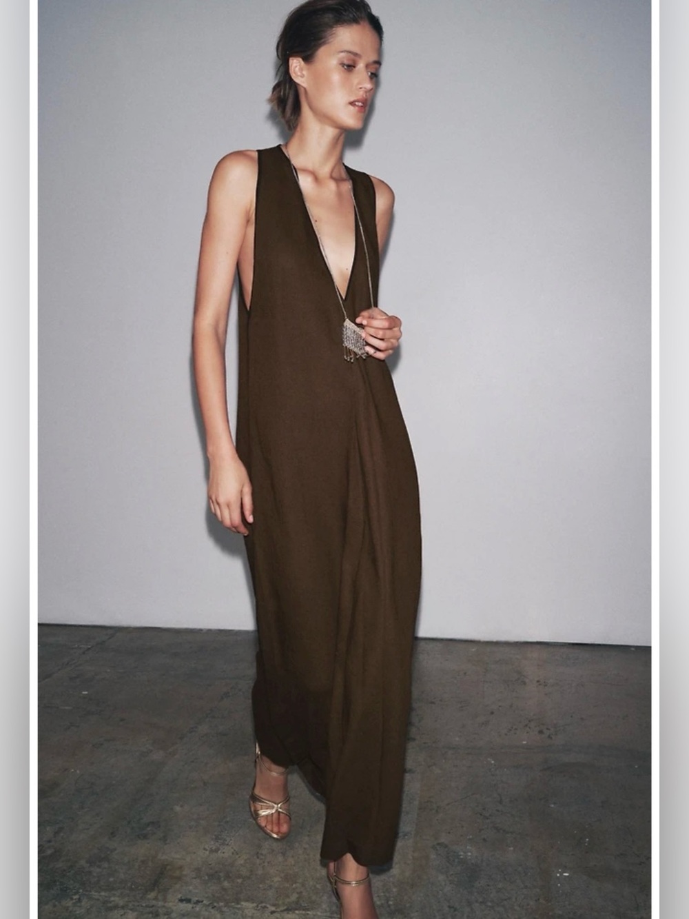 Zara Brown Sleeveless V-Neck Maxi Dress with Black Trim